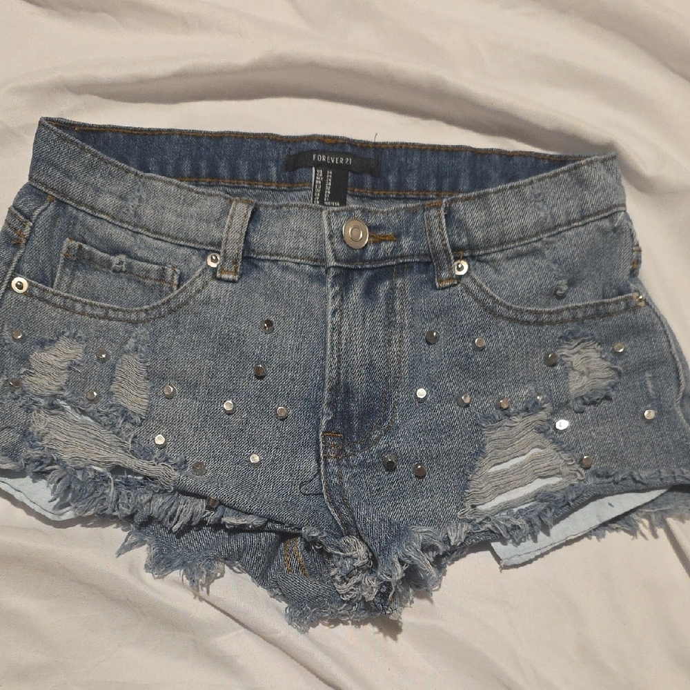 Forever 21 Blue Jean Shorts with Distressed Details